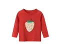 Detail of red kids long sleeve tee featuring a cute cartoon strawberry print - 90cm / Rust Red