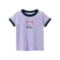 T-shirt per bambini in cotone lilla a maniche corte con stampa orso e bordi blu - 90 / Viola Chiaro