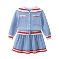 Ensemble cardigan en maille bleu ciel pour filles avec col marin et jupe plissée - 90cm / Bleu clair