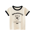 Kids cream cotton T-shirt with cartoon bear print and black contrast ribbed trim - 90 / Apricot/Black