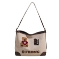 Retro Canvas Tragetasche in Beige mit braunen Ledergriffen und Bärenbestickung - Brauner Bär mit Kaffee