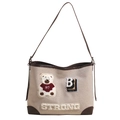 Beige Canvas-Eimertasche mit braunem Lederbesatz und niedlicher Bären-Stickerei - Weißer Bär mit Kaffee