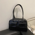 Retro black leather underarm tote bag with front flap pockets and slim shoulder straps - Black
