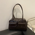 Dark brown retro underarm tote bag in glossy leather with double front flap pockets - Brown