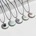 Moon crescent pendant necklace set with assorted natural crystal stone spheres - Amethyst / Silver - Raw Stone Style