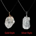 Handmade wire wrapped raw clear crystal pendants in gold and silver finish with cords - Silver Wire Wrapped / White Crystal