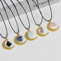 Golden moon-shaped pendant necklaces with multi-color natural raw stones and black cords - Strawberry Quartz / Gold - Raw Stone Style