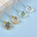 Square glass pendant necklace with purple amethyst gravel inside and golden chain - Citrine Square-Silver