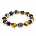 Perlenarmband mit facettiertem braunem Tigerauge, schwarzen Steinen und Silberteilen - Silberobsidian + Tigerauge