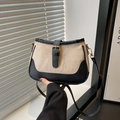 Borsa a tracolla in tela beige e pelle nera con fibbia dorata e cinturino regolabile - Nero