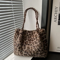 Plush leopard print tote bag with brown woven leather handles for autumn fashion - Brown
