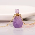 Mini purple amethyst perfume bottle necklace pendant with geometric gold trim and fine chain - Amethyst-Gold