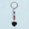7 Chakra Stein Schlüsselanhänger mit Naturkristallperlen und schwarzem Herzsteinanhänger - Obsidian