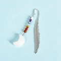 Vintage silver metal feather bookmark featuring 7-color energy beads and white moon charm - White Crystal