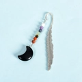 Silver feather bookmark with colorful beads and a black crescent moon pendant charm - Obsidian