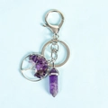 Purple crystal tree of life keychain with hexagonal prism pendant and silver hardware - Amethyst