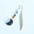 Silver metal feather bookmark with seven chakra beads and blue moon pendant - Blue Sodalite