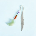 Silver feather bookmark with colorful beads and light green crescent moon crystal pendant - Green Aventurine
