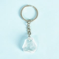 Polished natural clear quartz crystal pendant keychain with silver metal flat ring - White Crystal