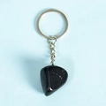 Polished natural black obsidian gemstone keychain pendant with silver stainless steel ring - Obsidian
