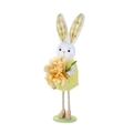 Standing plush Easter bunny in yellow jacket holding yellow flower on green base - Yellow Flower Rabbit / Yellow