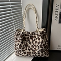 Plush leopard print tote bag with white woven handles for autumn winter fashion - Off-white