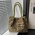 Leopard print plush tote bag with green handles for stylish autumn winter commute - Green