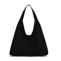 Large black suede tote bag in hobo style with smooth leather straps and matte finish - Black