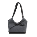 Deep blue denim and black leather tote bag with a minimalist bow accent and handles - Small / Black