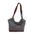 Retro canvas tote bag in dark grey and brown leather with front bow detail - Small / Brown