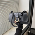 French vintage black textured leather underarm bag with gold horseshoe buckle hardware - Black