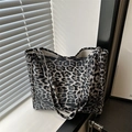 Schicke graue Canvas-Einkaufstasche mit Leopardenmuster, großem Fassungsvermögen und Trägern - Schwarz
