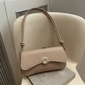 Minimalist nude pink baguette shoulder bag with wavy flap and golden knot buckle - Khaki