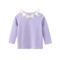 T-shirt per bambine viola chiaro a maniche lunghe in cotone con fiocchi di rete sullo scollo - 90cm / Viola Chiaro (HT365)