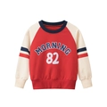 Kids red raglan sweatshirt with Morning 82 print and striped sleeves for autumn style - 90cm / Red/Beige