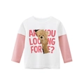 T-shirt a maniche lunghe in cotone per bambine con stampa orsetto e maniche rosa - 90cm / Bianco Sporco (HT371)