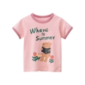 Pink girl's short sleeve T-shirt with cute bear print and tulip floral graphic design - 90cm / Pink
