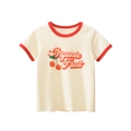 Kinder T-shirt van biologisch katoen met kersenprint en rode contrastkraag in crème - 100cm / Abrikoos (Organic Fruit)