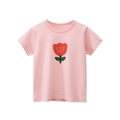 Pink cotton T-shirt for girls featuring a red floral cartoon print and round neckline - 90 / Pink