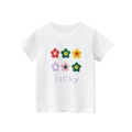White cotton kids short sleeve T-shirt featuring colorful floral prints and lucky text - 90 / Off White