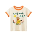 Girls cream cotton T-shirt with orange trim and singing bear cartoon print - 90cm / Beige Apricot