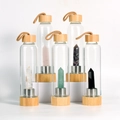 Eco-friendly bamboo glass water bottles set featuring five natural healing crystal stones - Crystal Pillar - Bamboo Lid / Amethyst