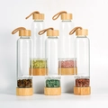 Bamboo lid glass water bottle with five natural healing crystal chips base - Crystal Gravel - Bamboo Lid / Amethyst