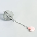 Stainless steel mesh tea infuser ball with a pink quartz moon pendant and long chain - Rose Quartz