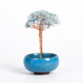 Arbre de cristal bleu clair fait main avec fil de cuivre dans un bol en céramique bleu - Style Bonsaï Aigue-marine