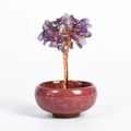 Natural purple amethyst crystal money tree ornament in a red cracked glaze ceramic bowl - Amethyst Bonsai Style
