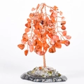 Artisanal crystal tree with red carnelian leaves and copper wire trunk on a black base - Red Agate