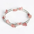 Handmade double layer wrap bracelet with natural pink quartz stone chips and silver beads - Strawberry Quartz
