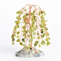 Artisan crystal tree with green olivine leaves and brass wire trunk on agate base - Peridot