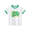 Wit katoenen meisjes T-shirt met groene Easy Living print en contrasterende biezen - 90cm / Gebroken Wit (Easy Living)